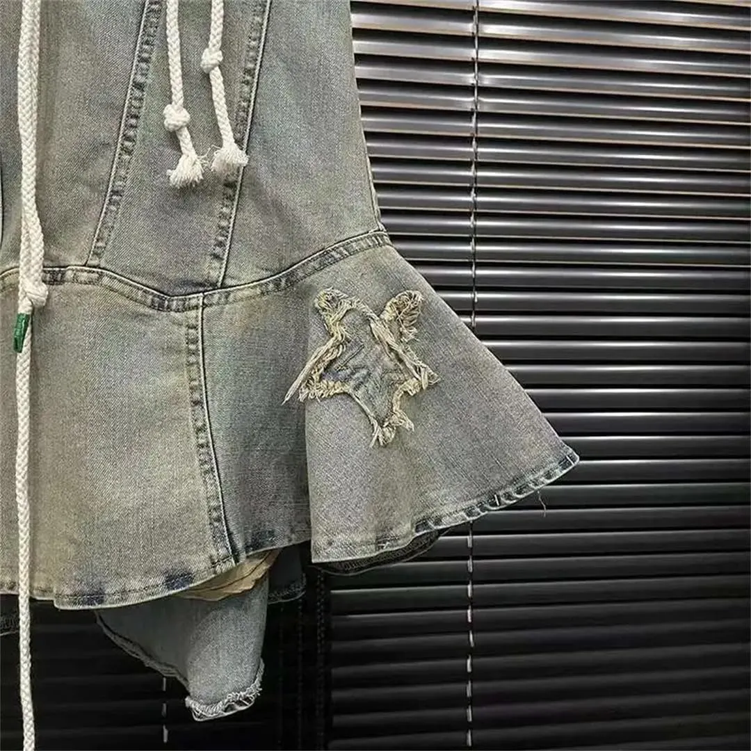Women Sleeveless Bandage Design Denim Retro Do Old Mini Jeans Dresses
