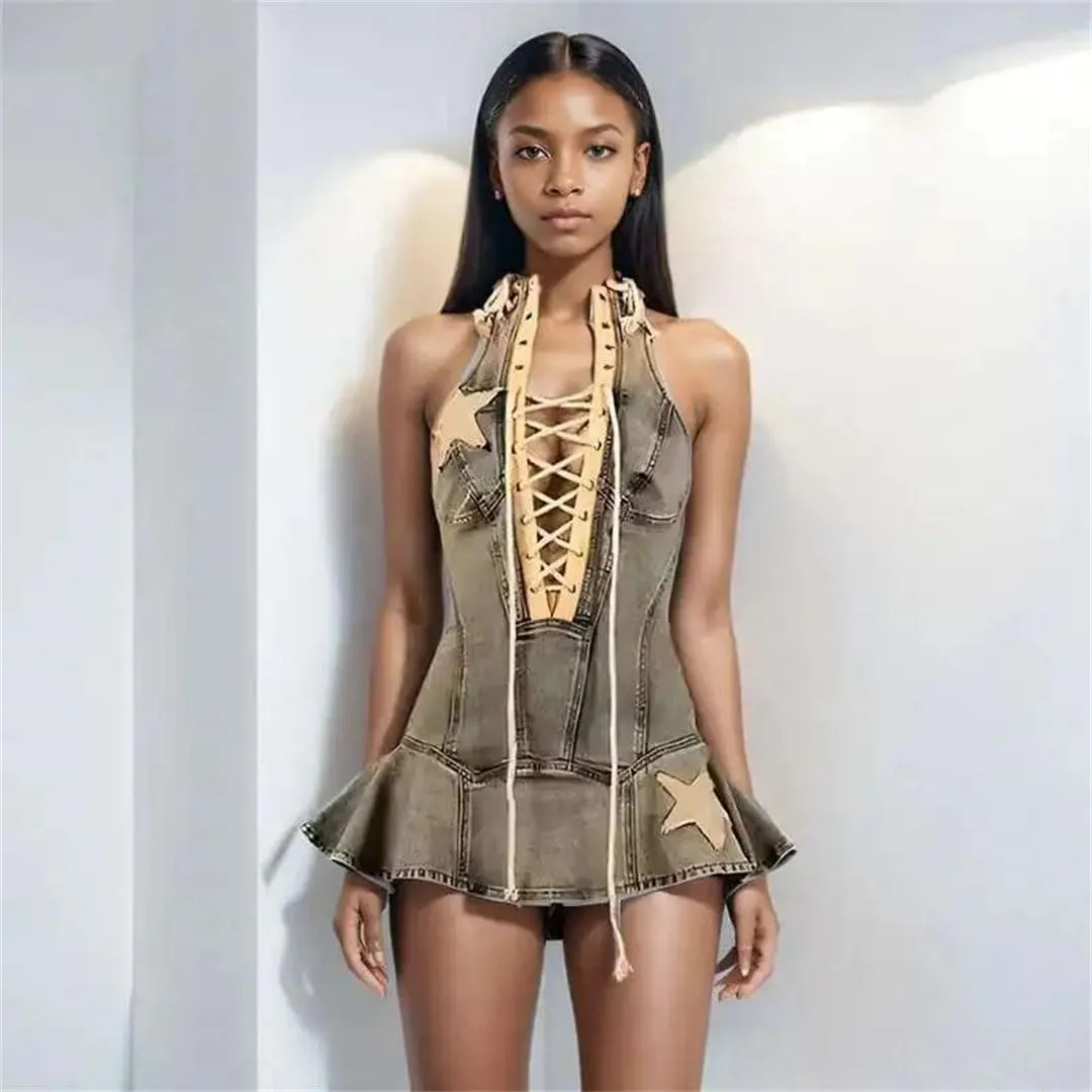 Women Sleeveless Bandage Design Denim Retro Do Old Mini Jeans Dresses