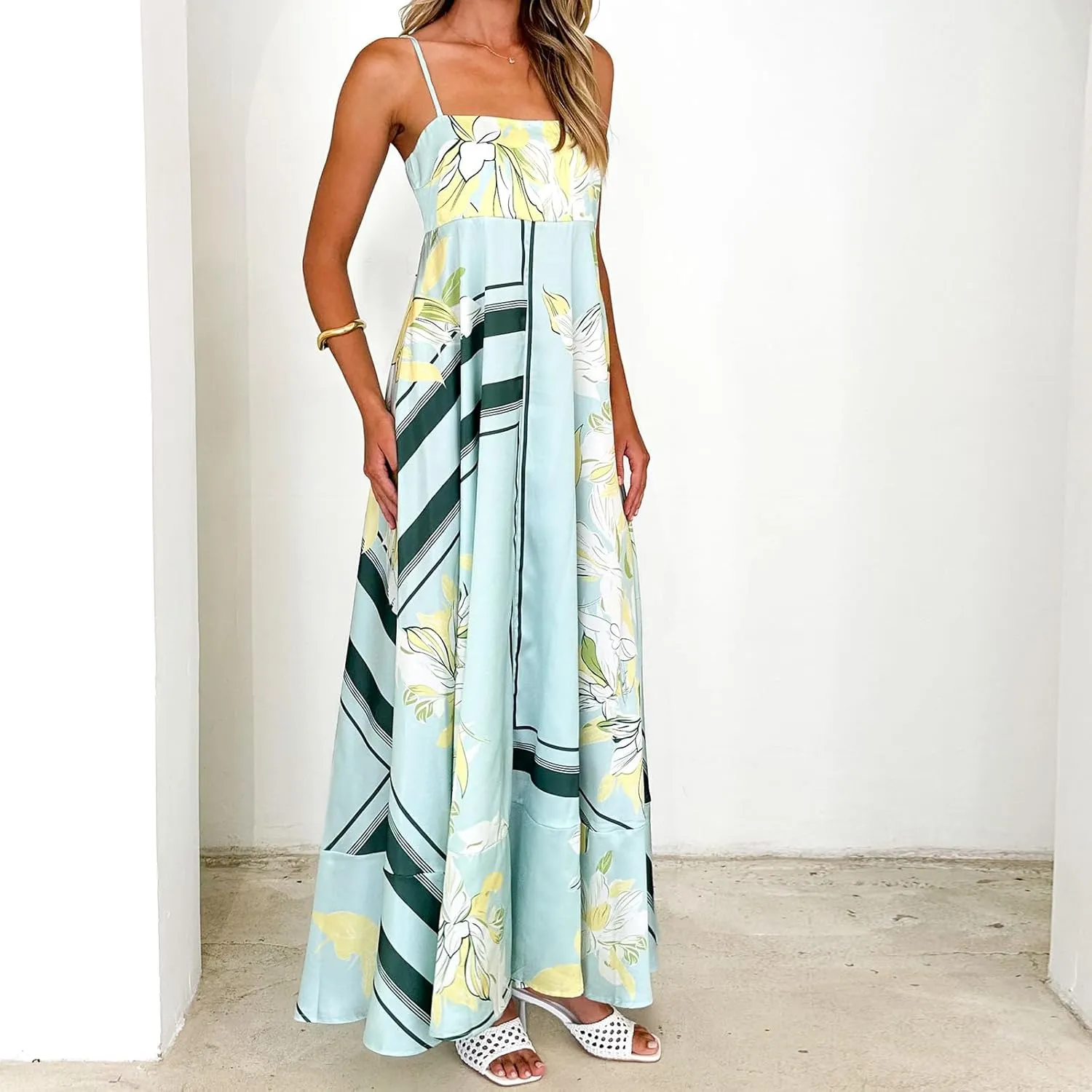 Women Spaghetti Strap Floral Sundress Smocked Backless Flowy Maxi Dress Sleeveless Boho Beach Long Dresses