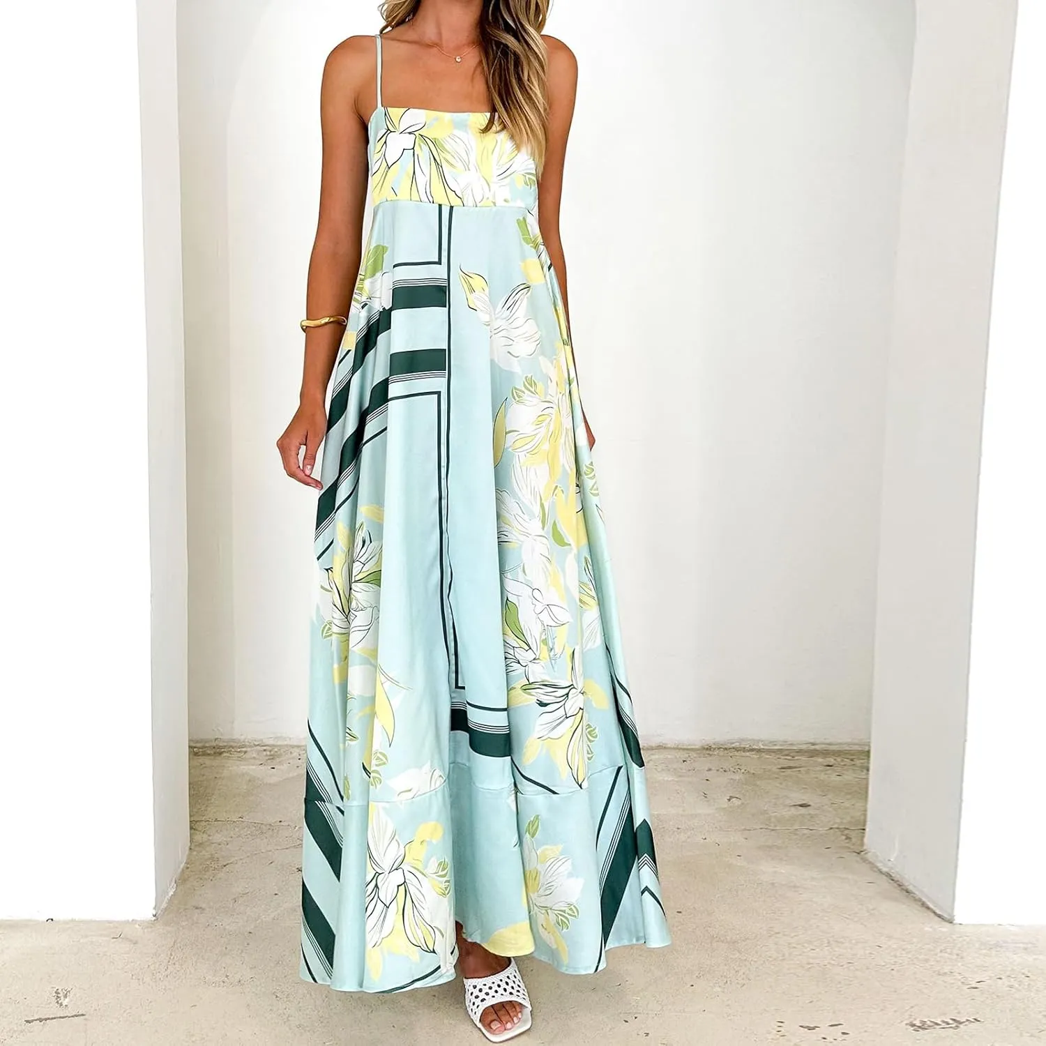 Women Spaghetti Strap Floral Sundress Smocked Backless Flowy Maxi Dress Sleeveless Boho Beach Long Dresses