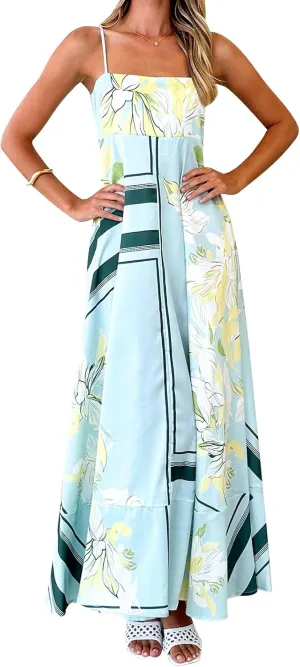 Women Spaghetti Strap Floral Sundress Smocked Backless Flowy Maxi Dress Sleeveless Boho Beach Long Dresses
