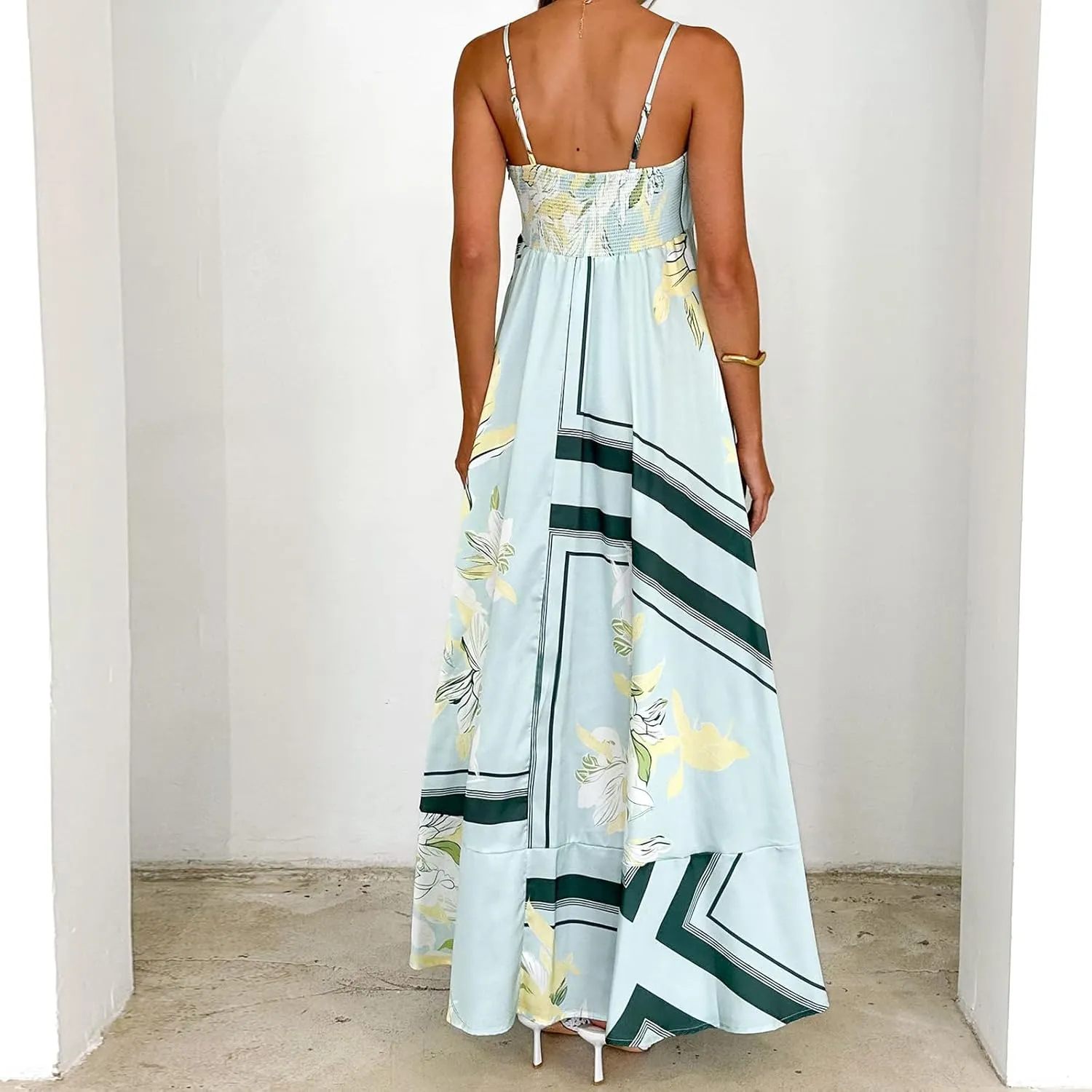 Women Spaghetti Strap Floral Sundress Smocked Backless Flowy Maxi Dress Sleeveless Boho Beach Long Dresses