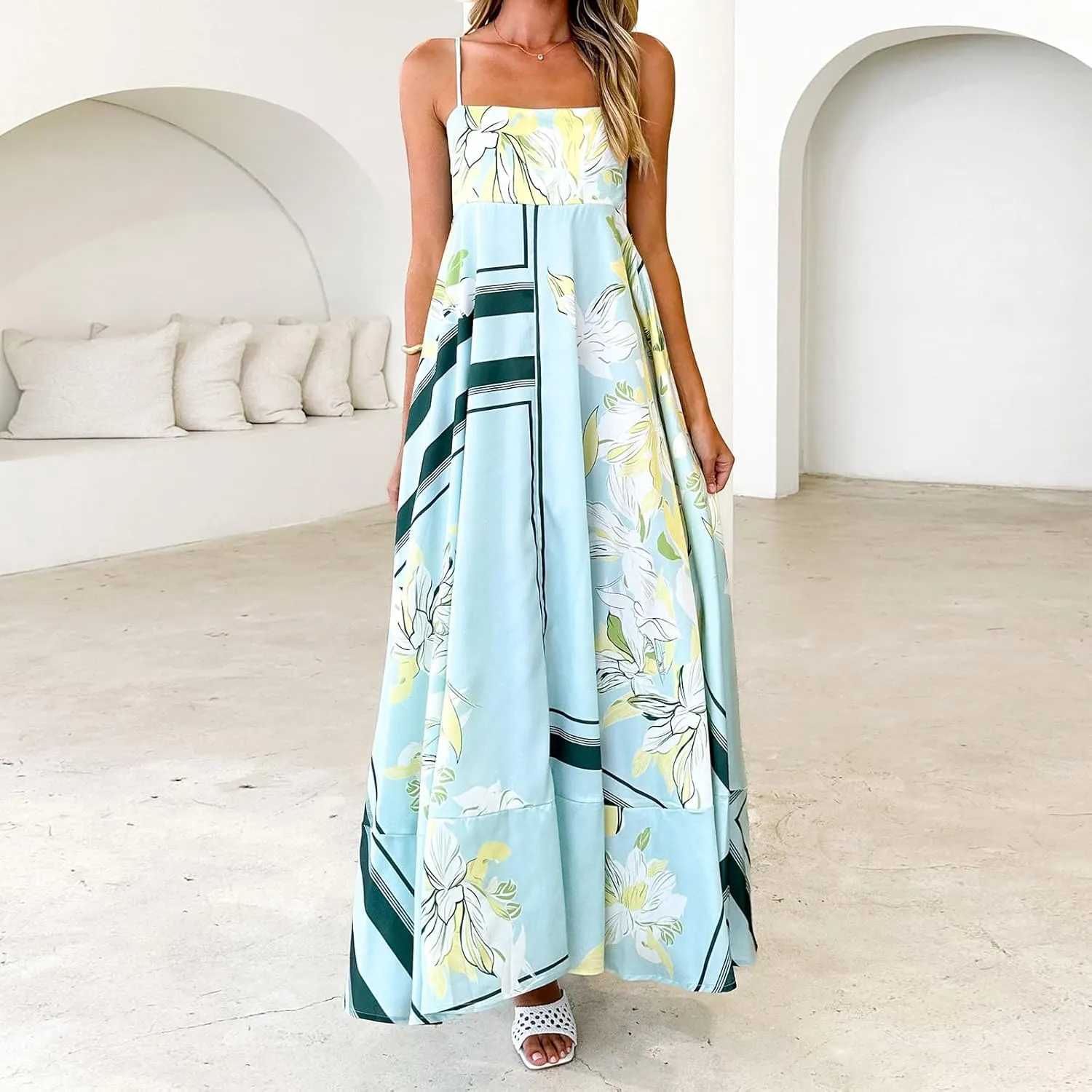 Women Spaghetti Strap Floral Sundress Smocked Backless Flowy Maxi Dress Sleeveless Boho Beach Long Dresses