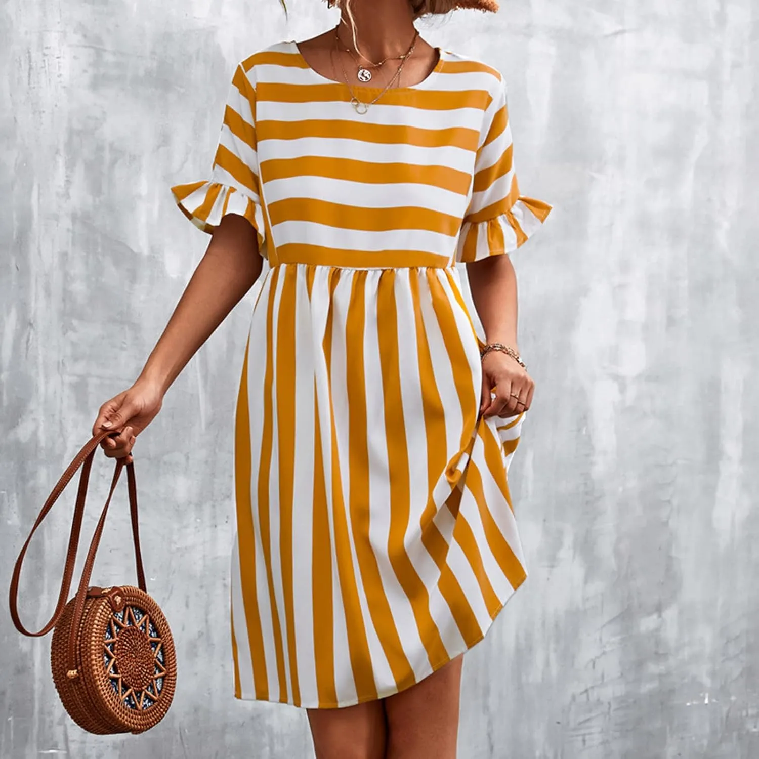 Women Striped Patchwork Mini Dresses Ruffle Short Sleeve Crew Neck Summer Short Dress Casual Beach Sundress