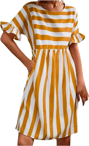 Women Striped Patchwork Mini Dresses Ruffle Short Sleeve Crew Neck Summer Short Dress Casual Beach Sundress