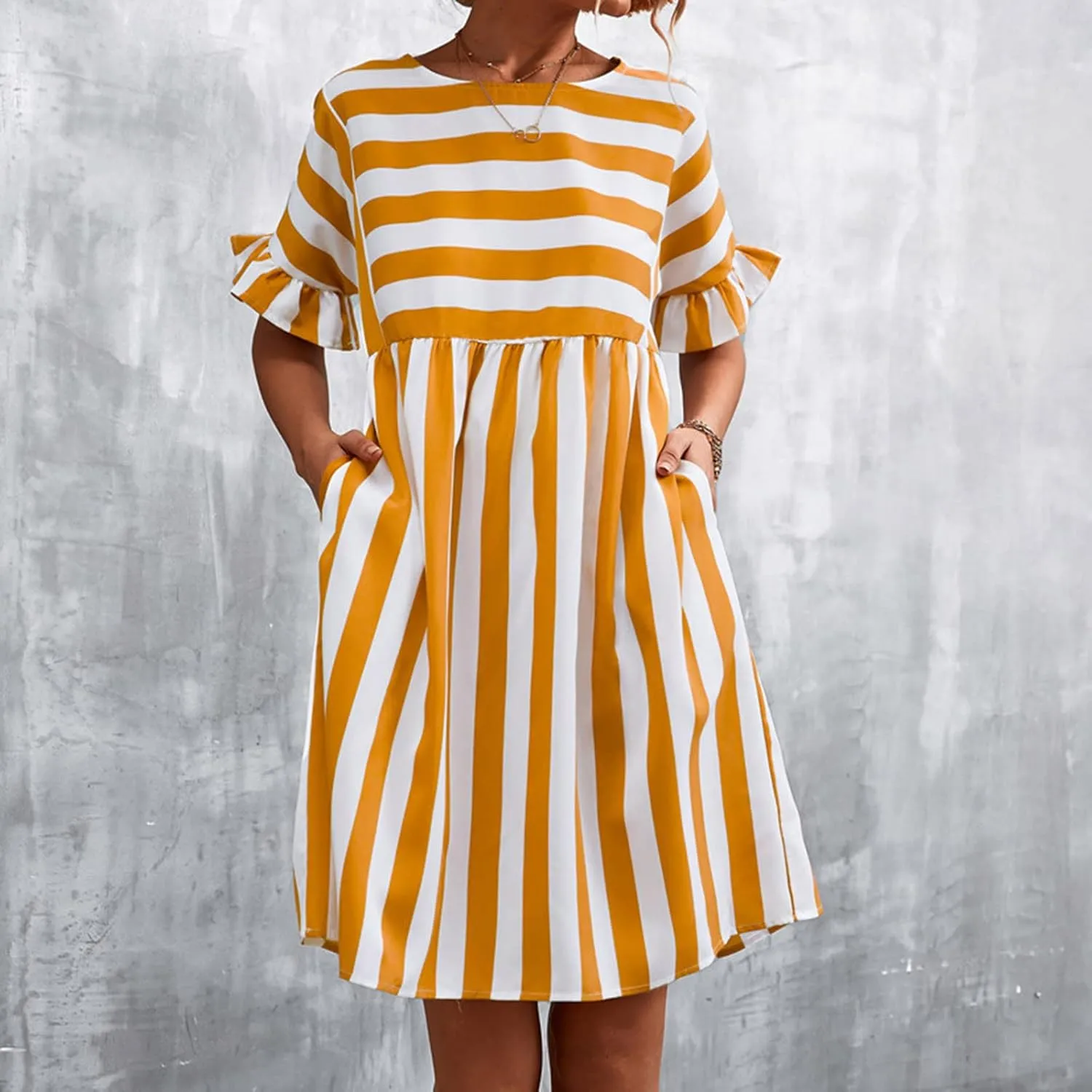 Women Striped Patchwork Mini Dresses Ruffle Short Sleeve Crew Neck Summer Short Dress Casual Beach Sundress