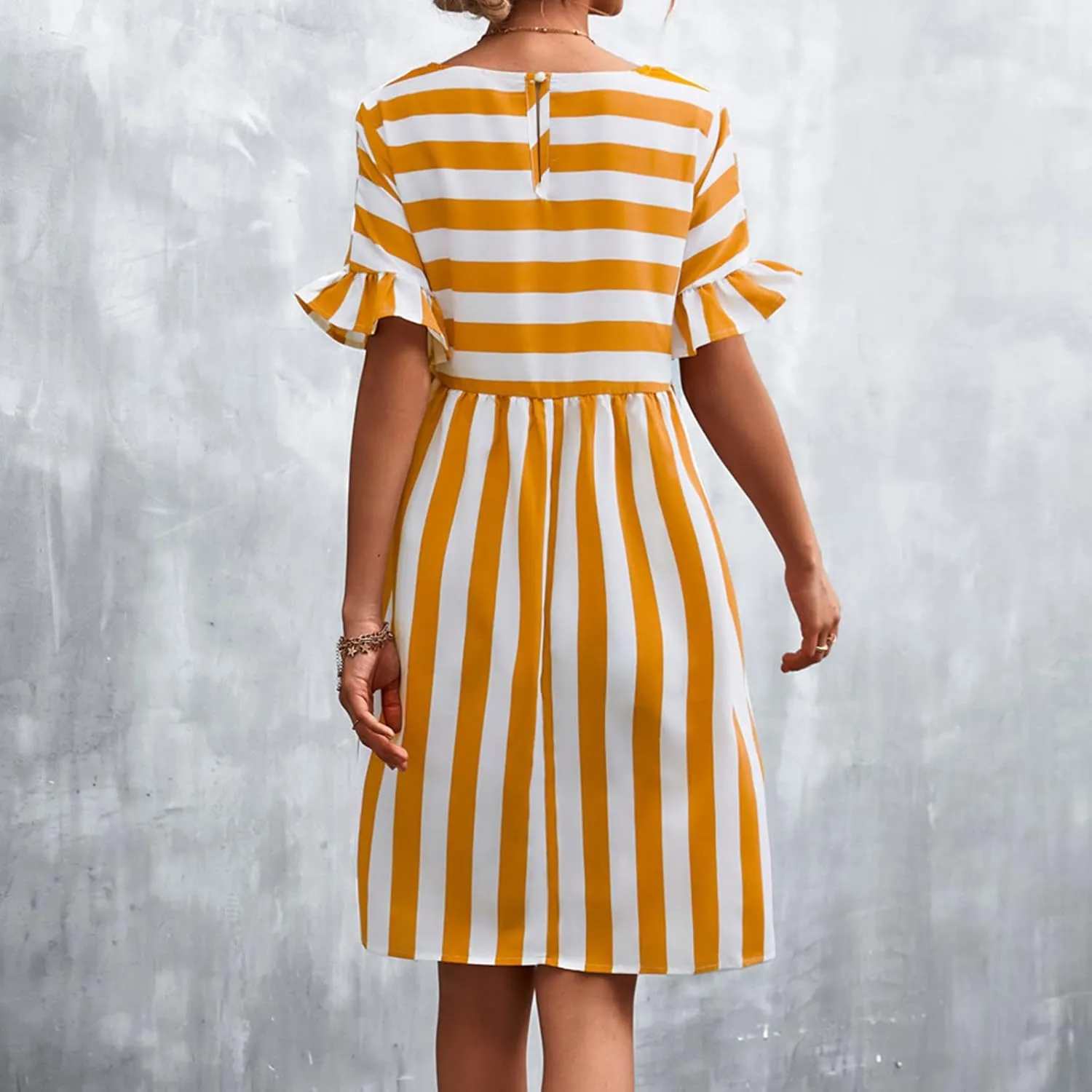 Women Striped Patchwork Mini Dresses Ruffle Short Sleeve Crew Neck Summer Short Dress Casual Beach Sundress