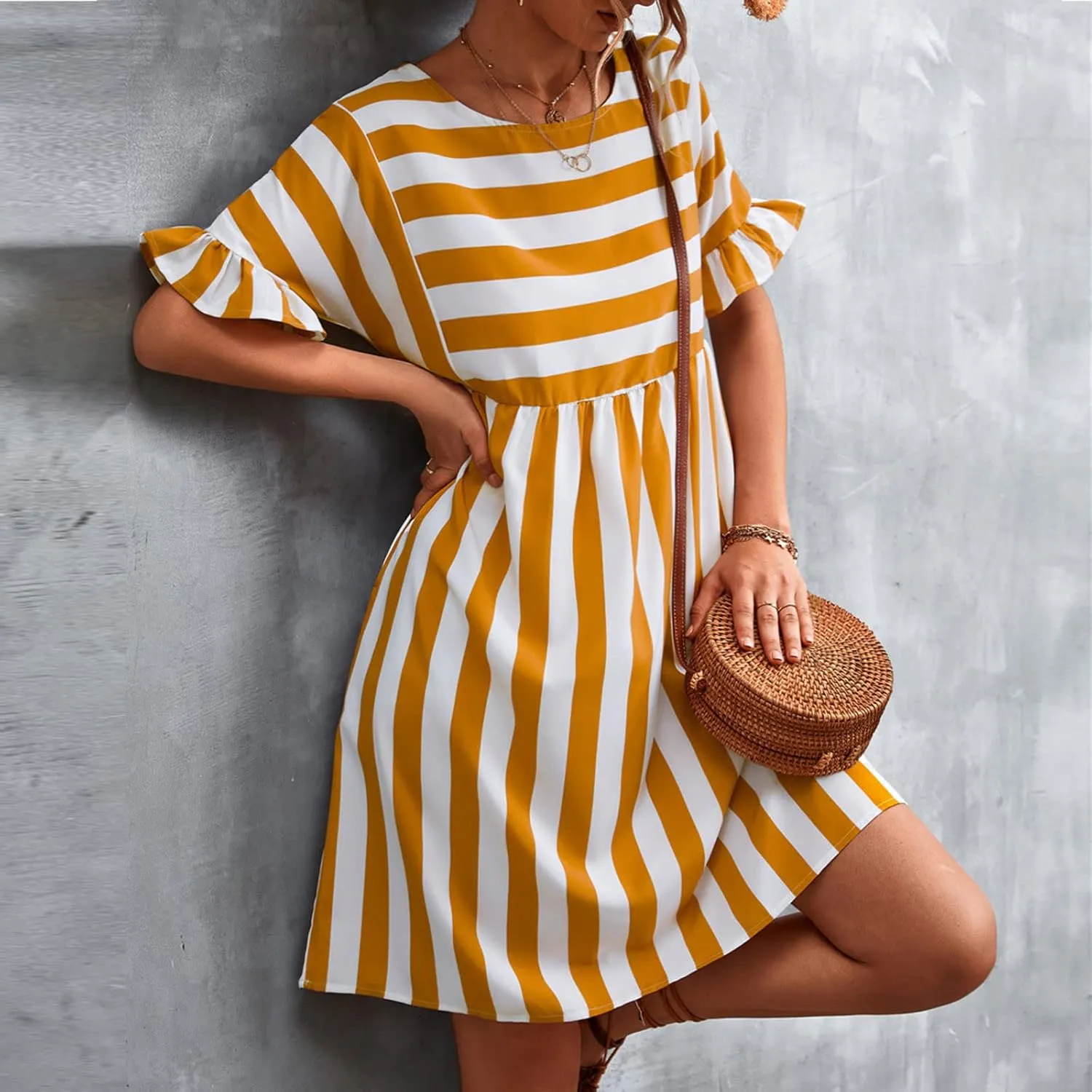 Women Striped Patchwork Mini Dresses Ruffle Short Sleeve Crew Neck Summer Short Dress Casual Beach Sundress