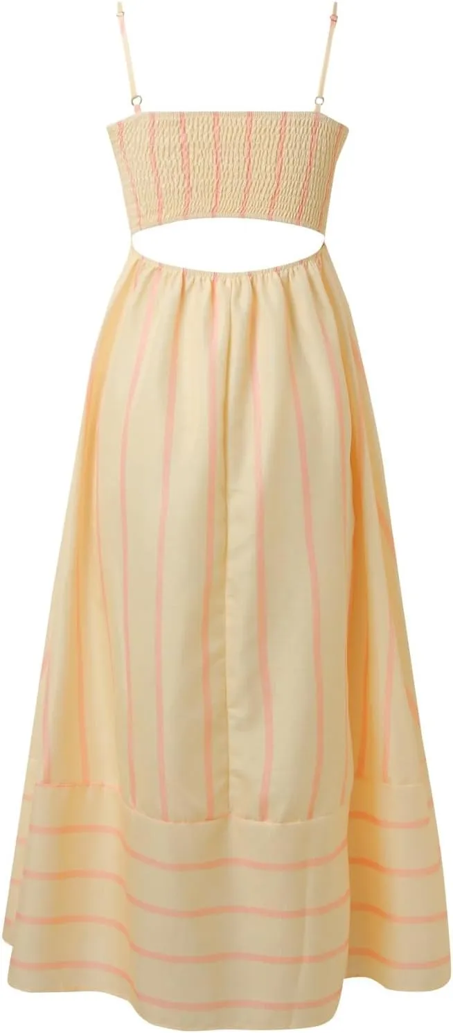 Women Striped Print Maxi Dress Spaghetti Strap Flowy Tiered Dress Sleeveless Casual Summer Sundress, 3X-Large, Black