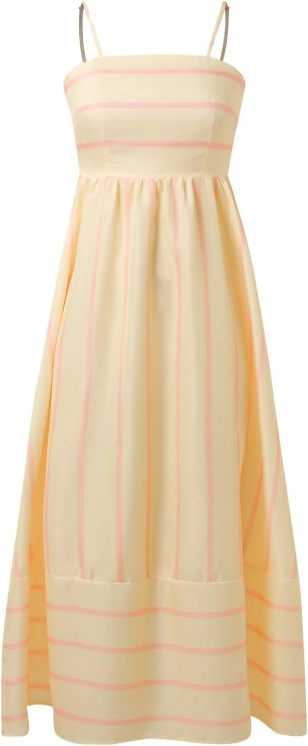 Women Striped Print Maxi Dress Spaghetti Strap Flowy Tiered Dress Sleeveless Casual Summer Sundress, 3X-Large, Black