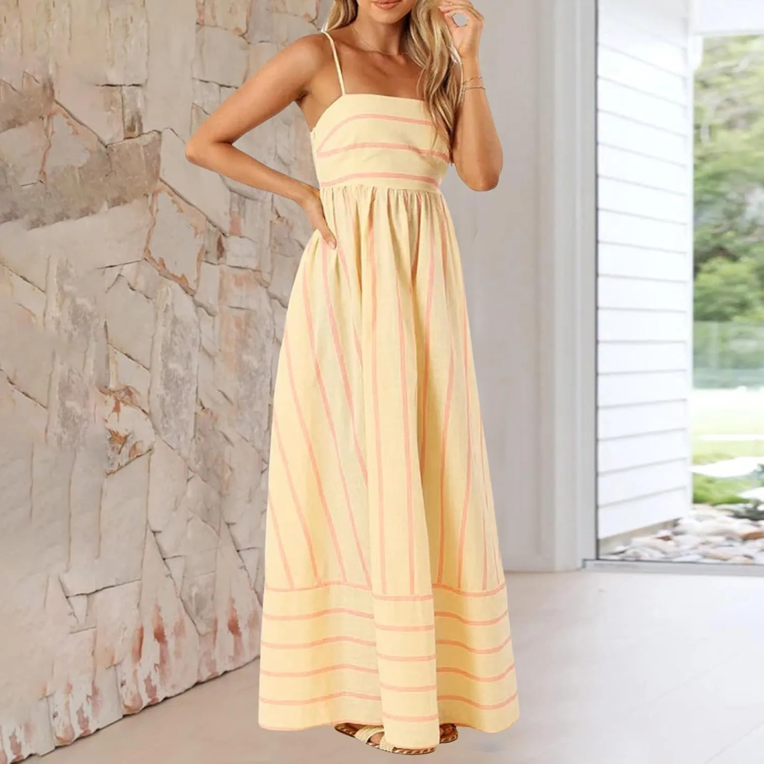 Women Striped Print Maxi Dress Spaghetti Strap Flowy Tiered Dress Sleeveless Casual Summer Sundress, 3X-Large, Black
