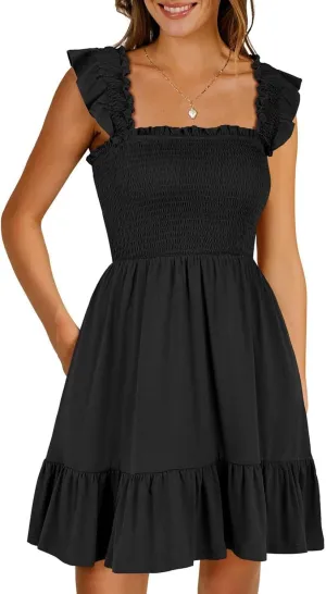 Women Summer Dresses Casual Sleeveless Square Neck Dress Smocked Ruffle Backless Boho Beach Short Sundress