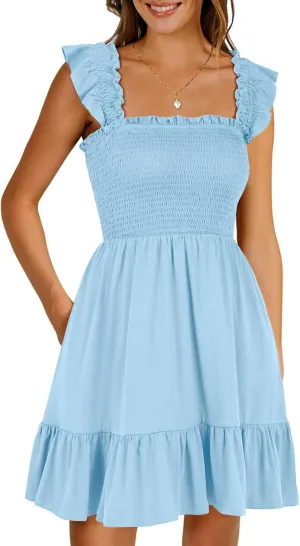 Women Summer Dresses Casual Sleeveless Square Neck Dress Smocked Ruffle Backless Boho Beach Short Sundress
