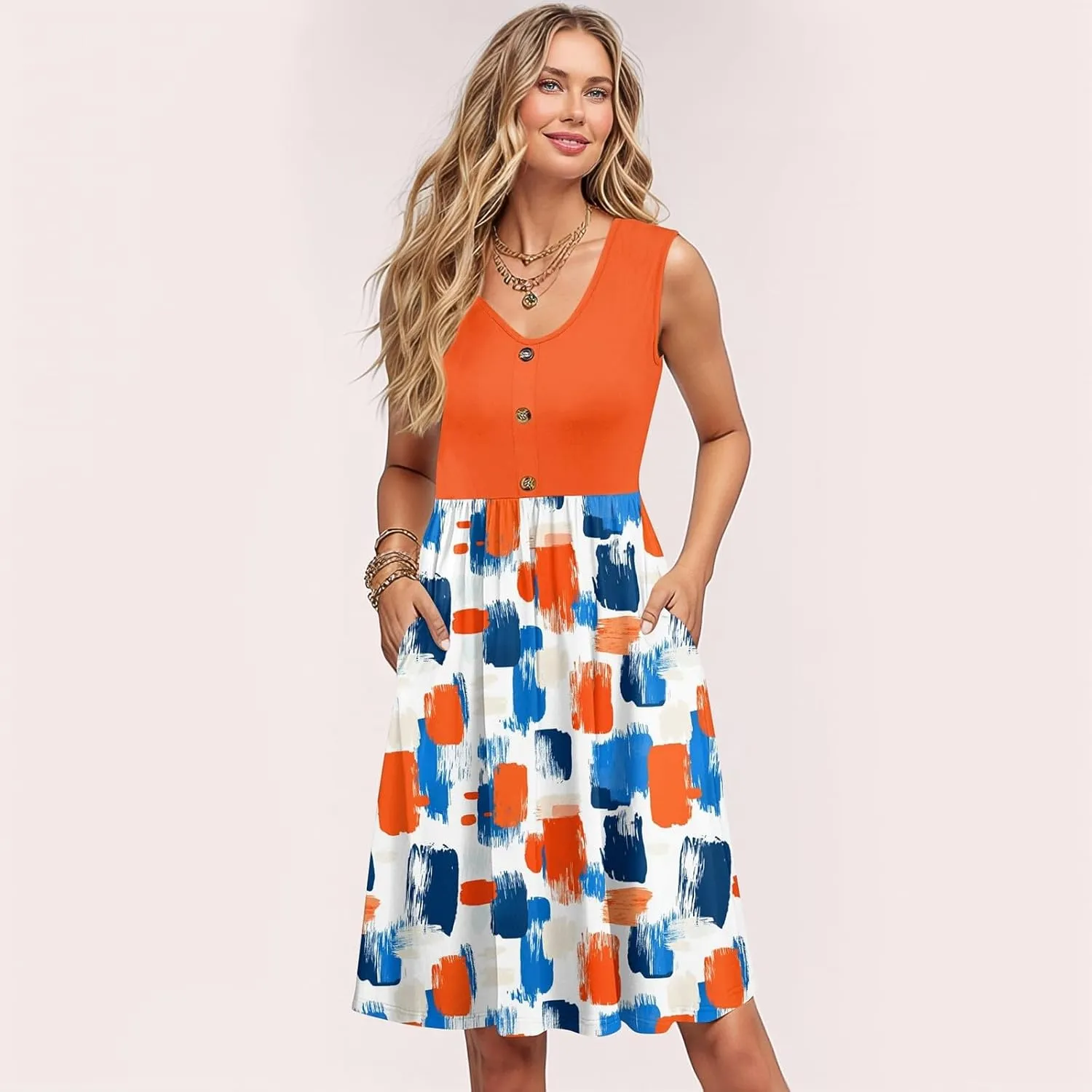 Women Summer Dresses Sleeveless Casual Loose Swing Button Down Midi Sundress with Pockets Beach Vacation