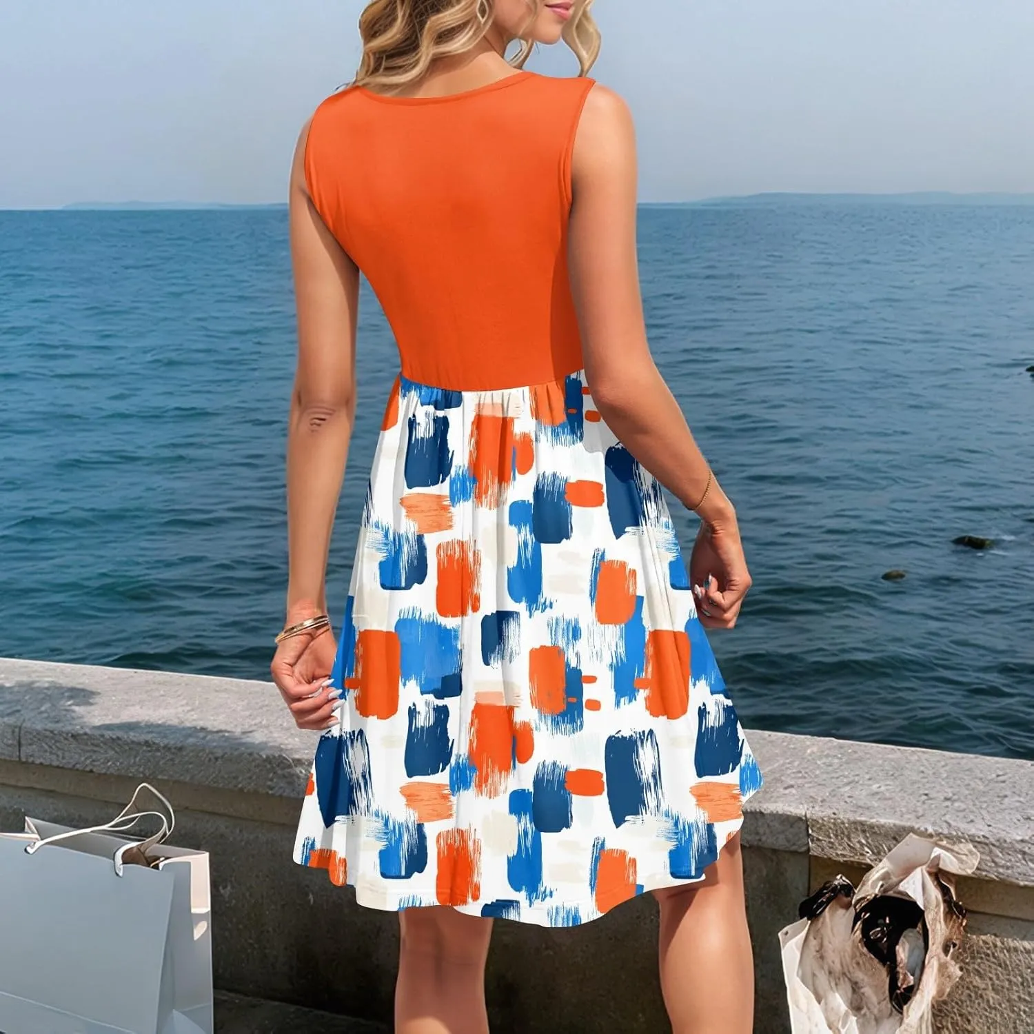 Women Summer Dresses Sleeveless Casual Loose Swing Button Down Midi Sundress with Pockets Beach Vacation