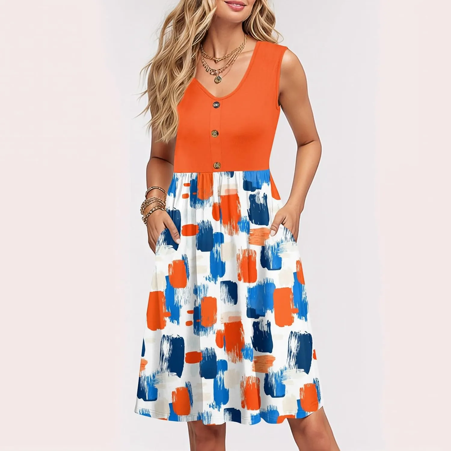Women Summer Dresses Sleeveless Casual Loose Swing Button Down Midi Sundress with Pockets Beach Vacation