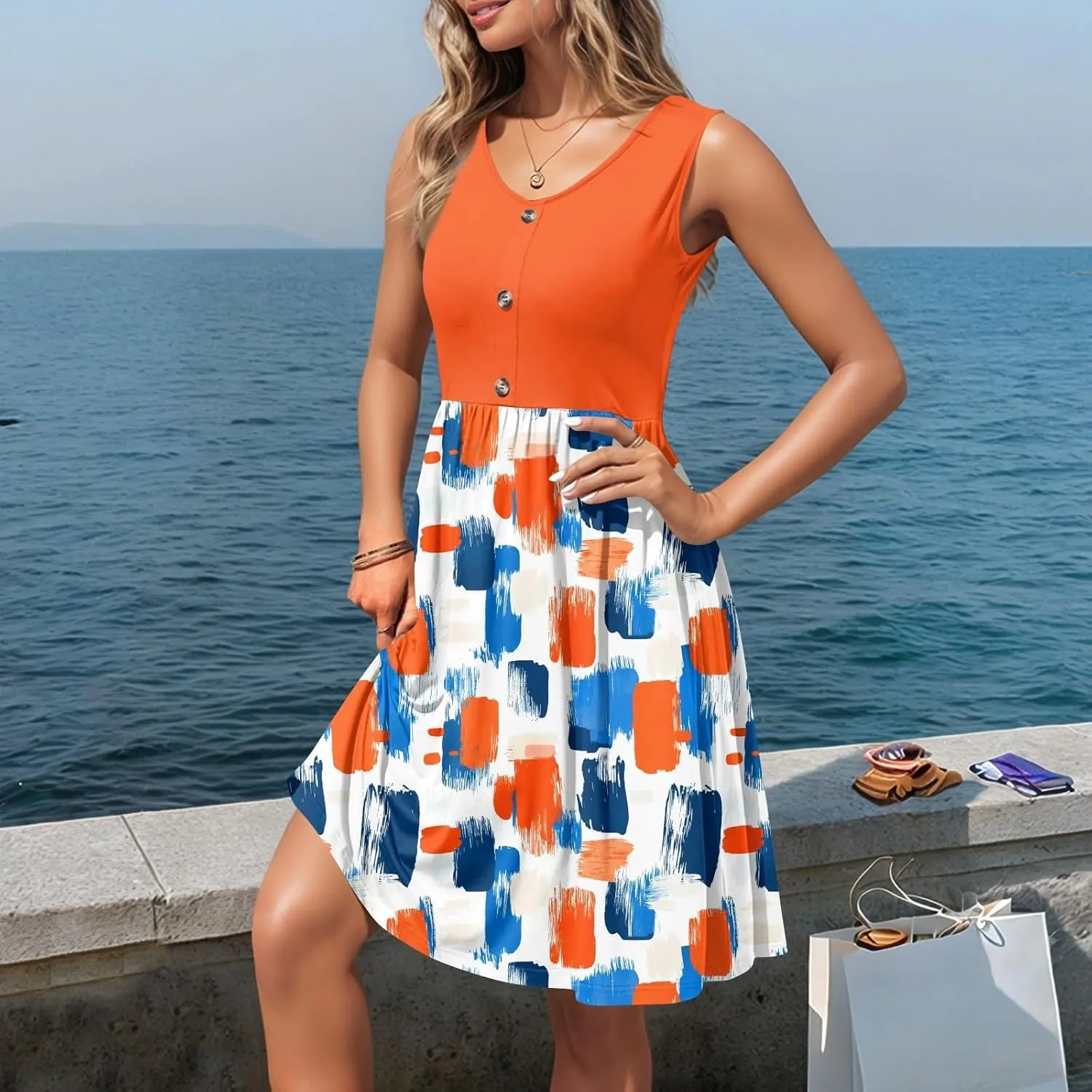 Women Summer Dresses Sleeveless Casual Loose Swing Button Down Midi Sundress with Pockets Beach Vacation