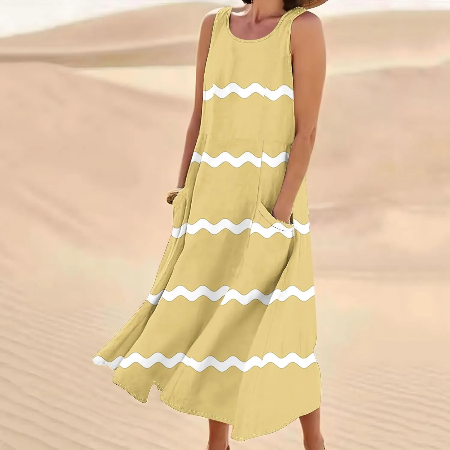 Women Summer Dresses Trendy Striped Grahpic Design Sundress Sleeveless Loose Casual Midi Dresse with Pockets