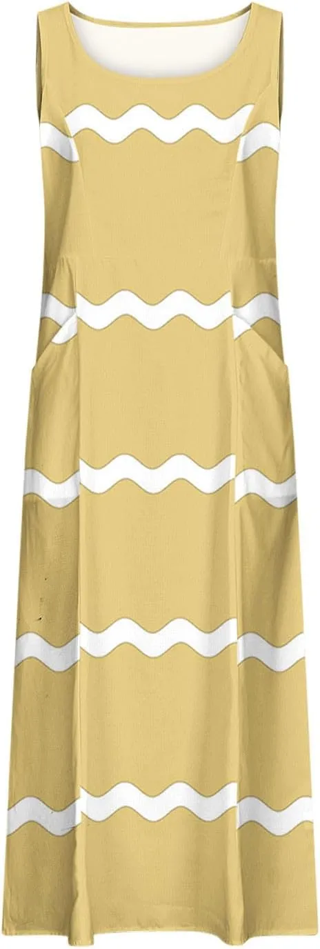 Women Summer Dresses Trendy Striped Grahpic Design Sundress Sleeveless Loose Casual Midi Dresse with Pockets