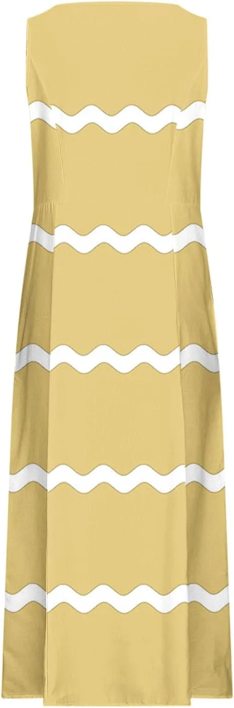 Women Summer Dresses Trendy Striped Grahpic Design Sundress Sleeveless Loose Casual Midi Dresse with Pockets