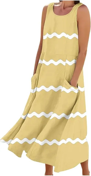 Women Summer Dresses Trendy Striped Grahpic Design Sundress Sleeveless Loose Casual Midi Dresse with Pockets