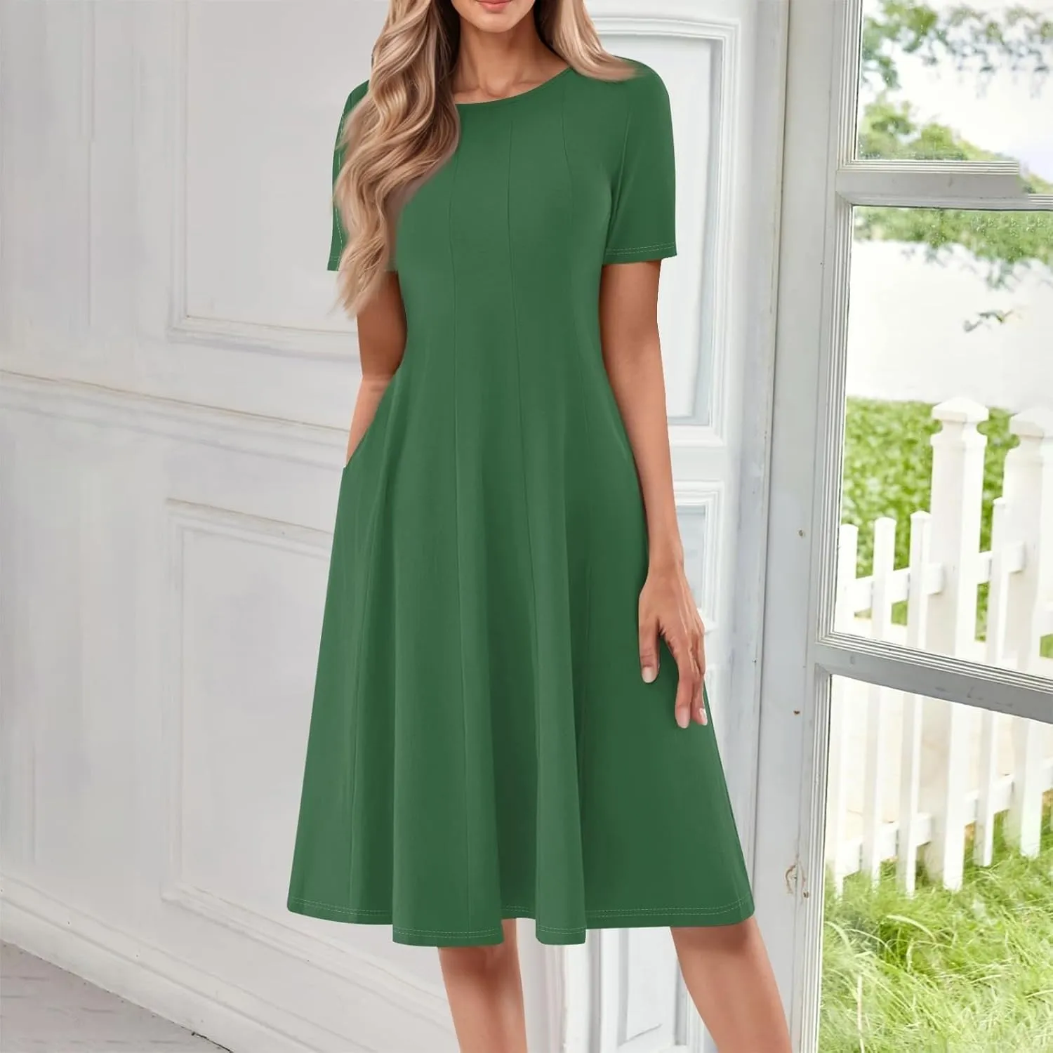 Women Summer Short Sleeve Midi Dress with Pockets Casual Aline Flowy Tshirt Dress Floral Vocation Beach Sundress