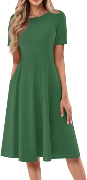 Women Summer Short Sleeve Midi Dress with Pockets Casual Aline Flowy Tshirt Dress Floral Vocation Beach Sundress