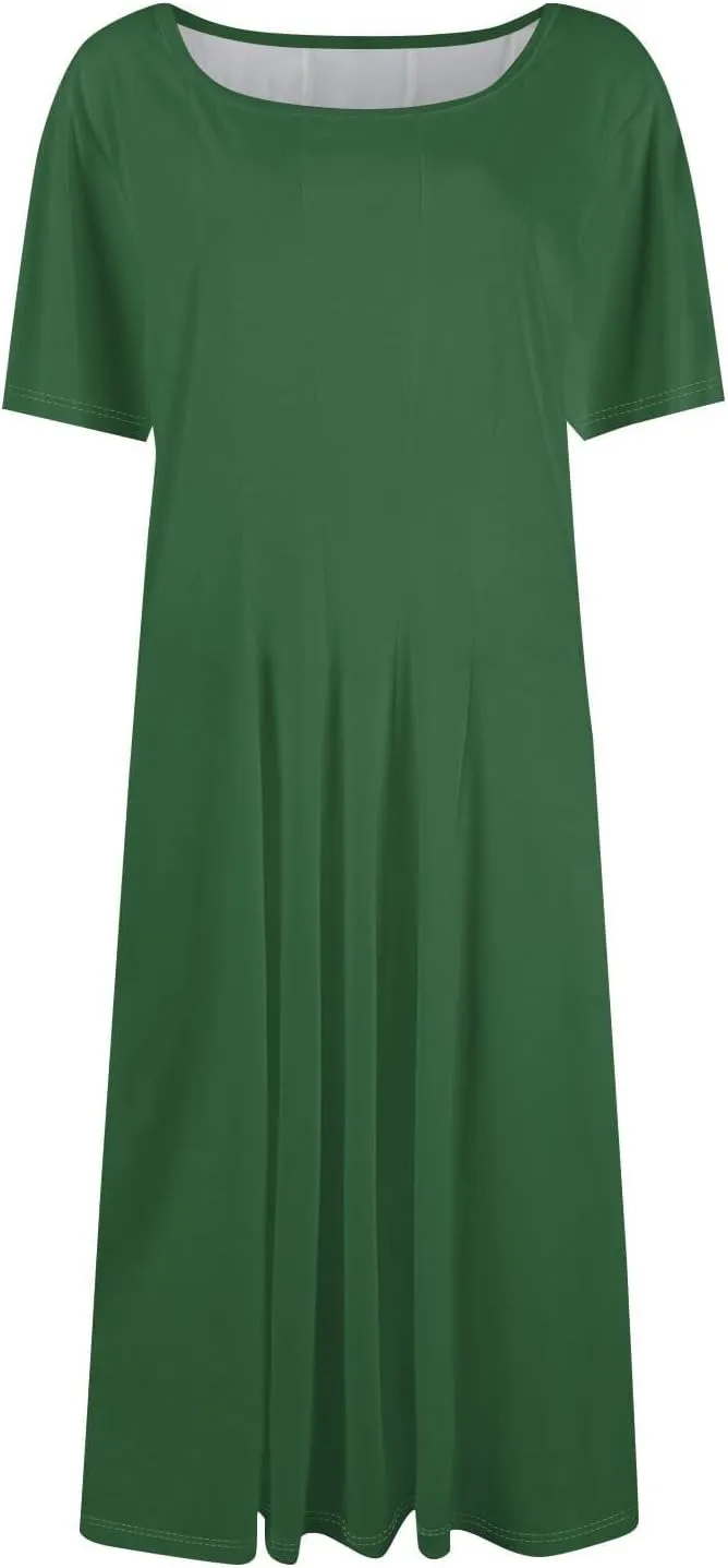 Women Summer Short Sleeve Midi Dress with Pockets Casual Aline Flowy Tshirt Dress Floral Vocation Beach Sundress