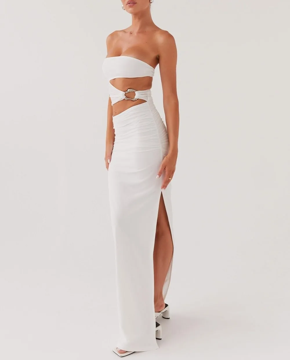 Women Y2K Cut Out Tube Long Dress Strapless Bodycon Maxi Dress Backless Cocktail Party Bandeau Dresseses