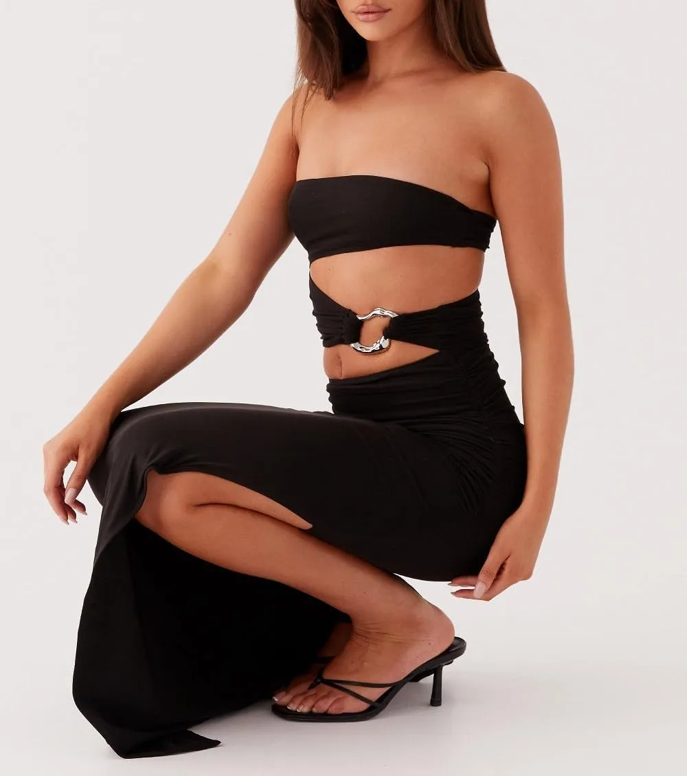 Women Y2K Cut Out Tube Long Dress Strapless Bodycon Maxi Dress Backless Cocktail Party Bandeau Dresseses