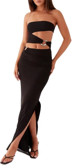 Women Y2K Cut Out Tube Long Dress Strapless Bodycon Maxi Dress Backless Cocktail Party Bandeau Dresseses