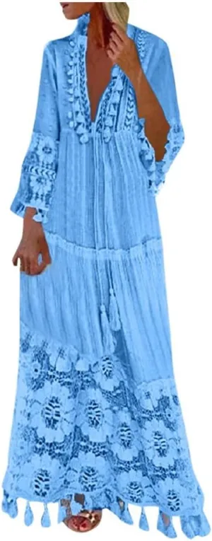 Women's 2024 Boho Long Sleeve V Neck Smocked High Waist Flowy A Line Embroidered Lace Maxi Dress Loose Beach Sundress