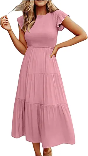 Women's 2025 Summer Boho Dress Crewneck Ruffle Sleeve Beach Vacation Midi Dresses Solid Flowy Sundress Cruise Clothes