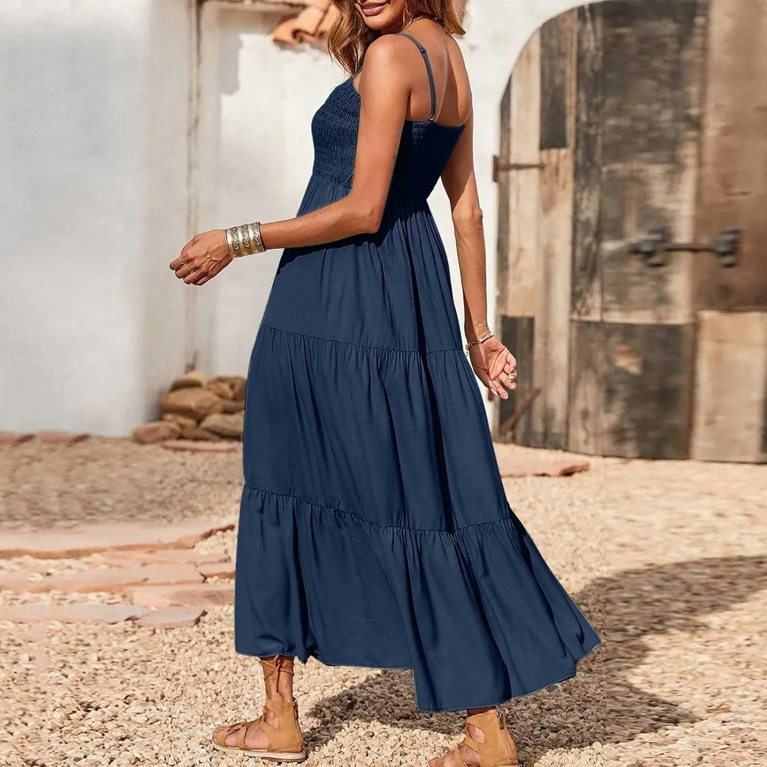 Women's 2025 Summer Flowy Maxi Dress Casual Sleeveless Spaghetti Strap Ruffle Beach Long Dresses
