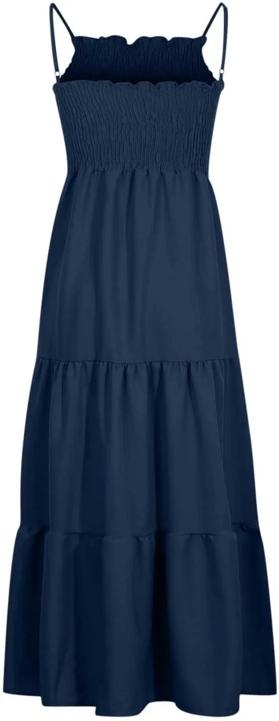 Women's 2025 Summer Flowy Maxi Dress Casual Sleeveless Spaghetti Strap Ruffle Beach Long Dresses