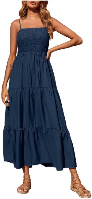Women's 2025 Summer Flowy Maxi Dress Casual Sleeveless Spaghetti Strap Ruffle Beach Long Dresses