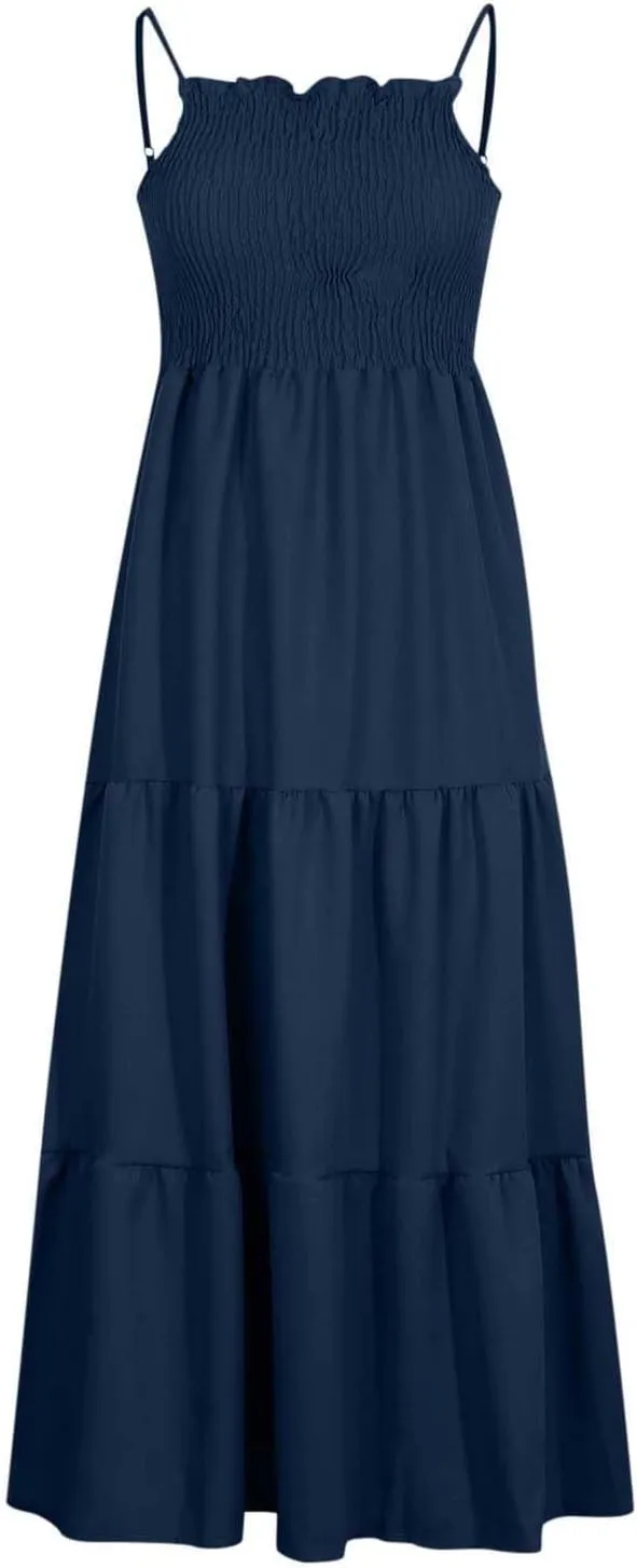 Women's 2025 Summer Flowy Maxi Dress Casual Sleeveless Spaghetti Strap Ruffle Beach Long Dresses