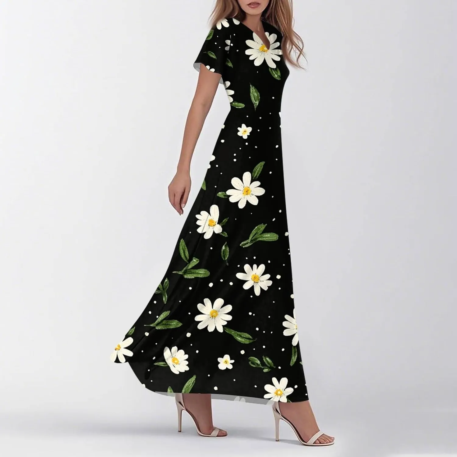 Women's 2025 Summer Maxi Dress Elegant Casual Floral Print Bohemian Dress Ruffle Sleeve V Neck Beach Swing Dresses