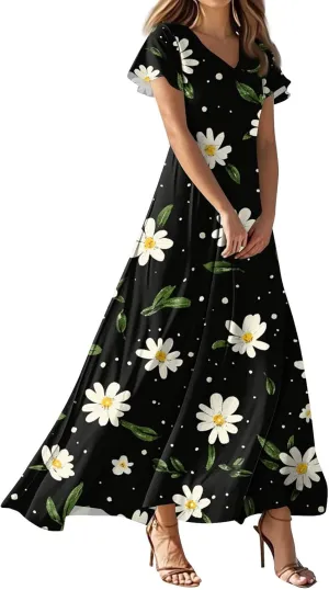 Women's 2025 Summer Maxi Dress Elegant Casual Floral Print Bohemian Dress Ruffle Sleeve V Neck Beach Swing Dresses