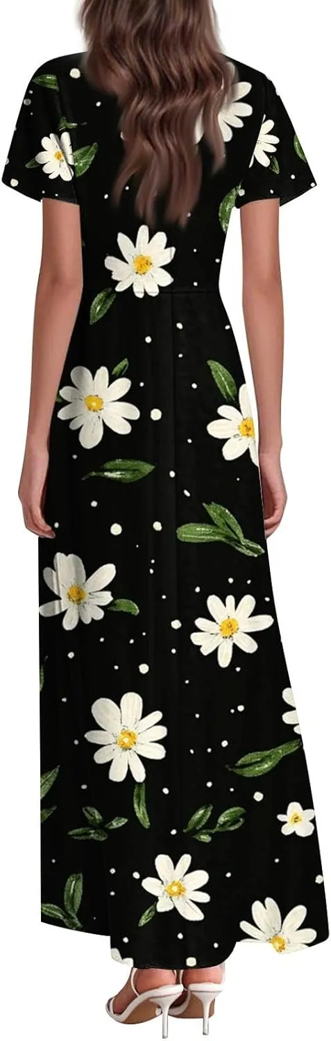 Women's 2025 Summer Maxi Dress Elegant Casual Floral Print Bohemian Dress Ruffle Sleeve V Neck Beach Swing Dresses