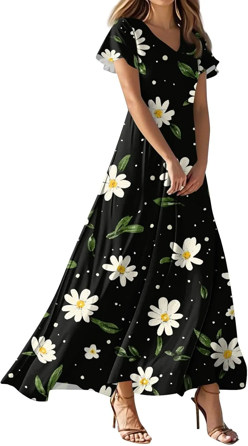 Women's 2025 Summer Maxi Dress Elegant Casual Floral Print Bohemian Dress Ruffle Sleeve V Neck Beach Swing Dresses