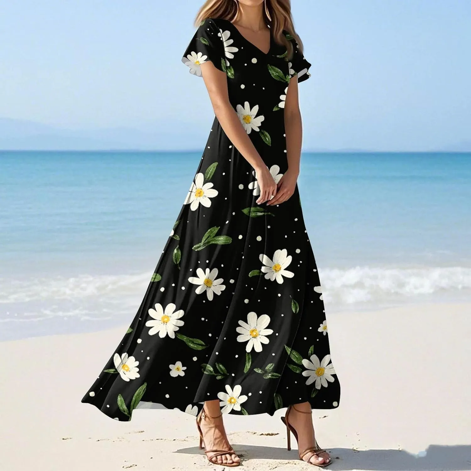 Women's 2025 Summer Maxi Dress Elegant Casual Floral Print Bohemian Dress Ruffle Sleeve V Neck Beach Swing Dresses