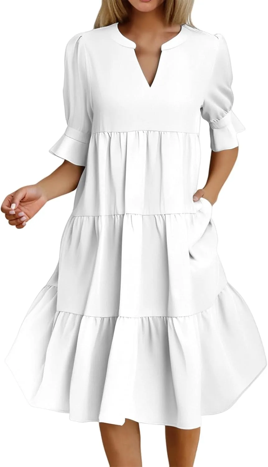 Women's 2025 Summer Midi Dress Casual V Neck Short Puff Sleeve Flowy Beach Vacation Trendy Sundresses