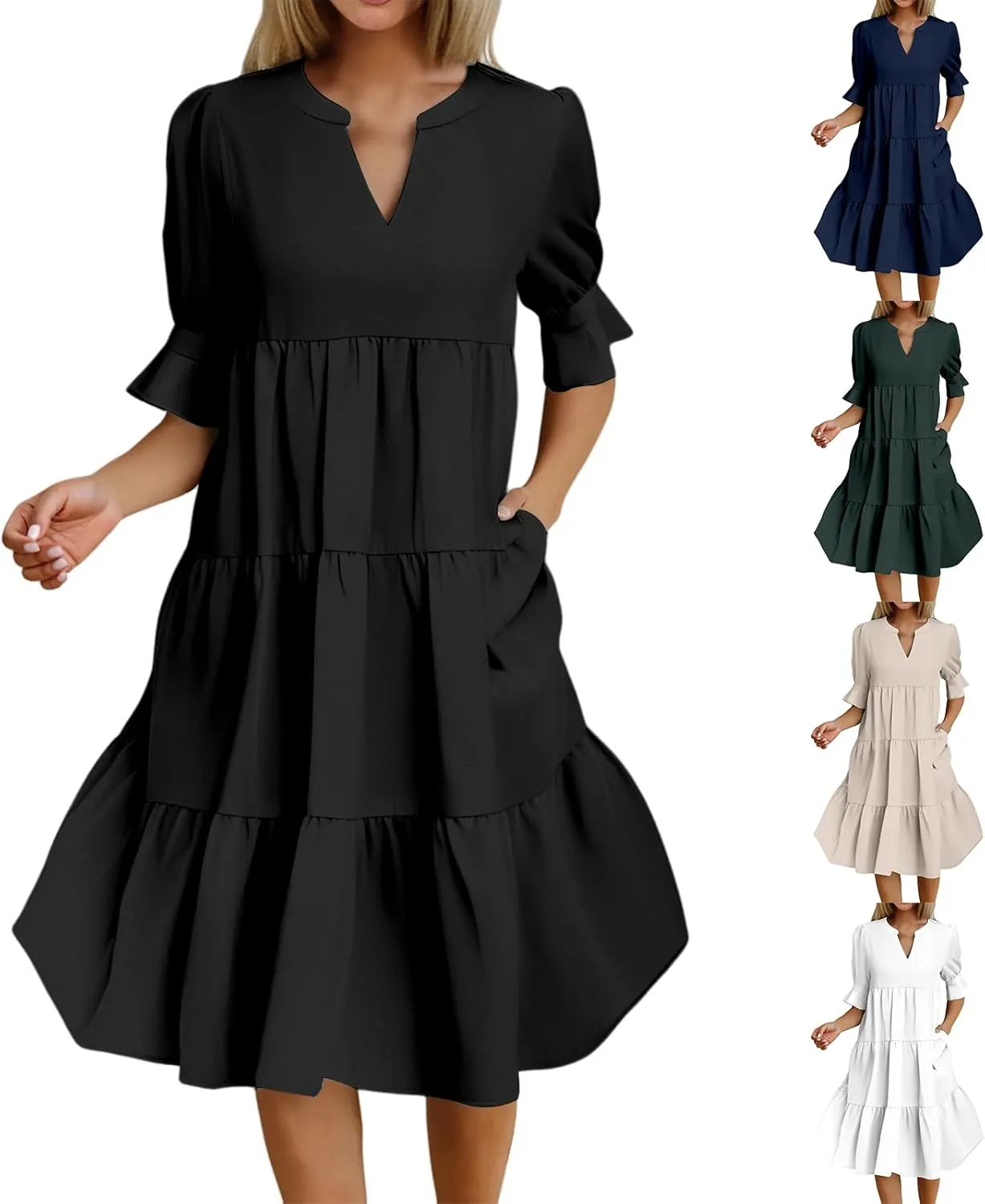Women's 2025 Summer Midi Dress Casual V Neck Short Puff Sleeve Flowy Beach Vacation Trendy Sundresses