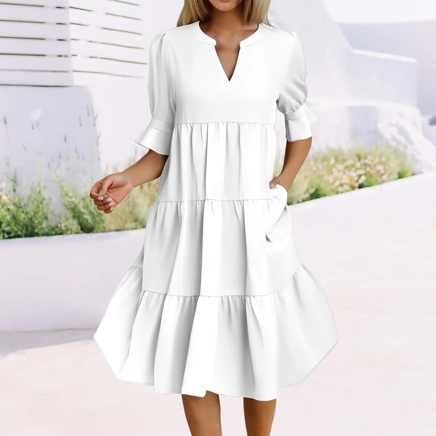 Women's 2025 Summer Midi Dress Casual V Neck Short Puff Sleeve Flowy Beach Vacation Trendy Sundresses