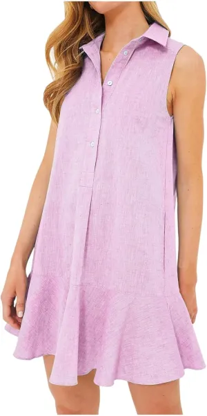 Womens 2025 Summer Sleeveless Shirt Dress Cotton Linen Button Down Ruffle Hem Mini Dresses Loose Flowy Swing Dresses