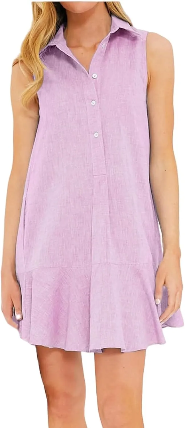 Womens 2025 Summer Sleeveless Shirt Dress Cotton Linen Button Down Ruffle Hem Mini Dresses Loose Flowy Swing Dresses
