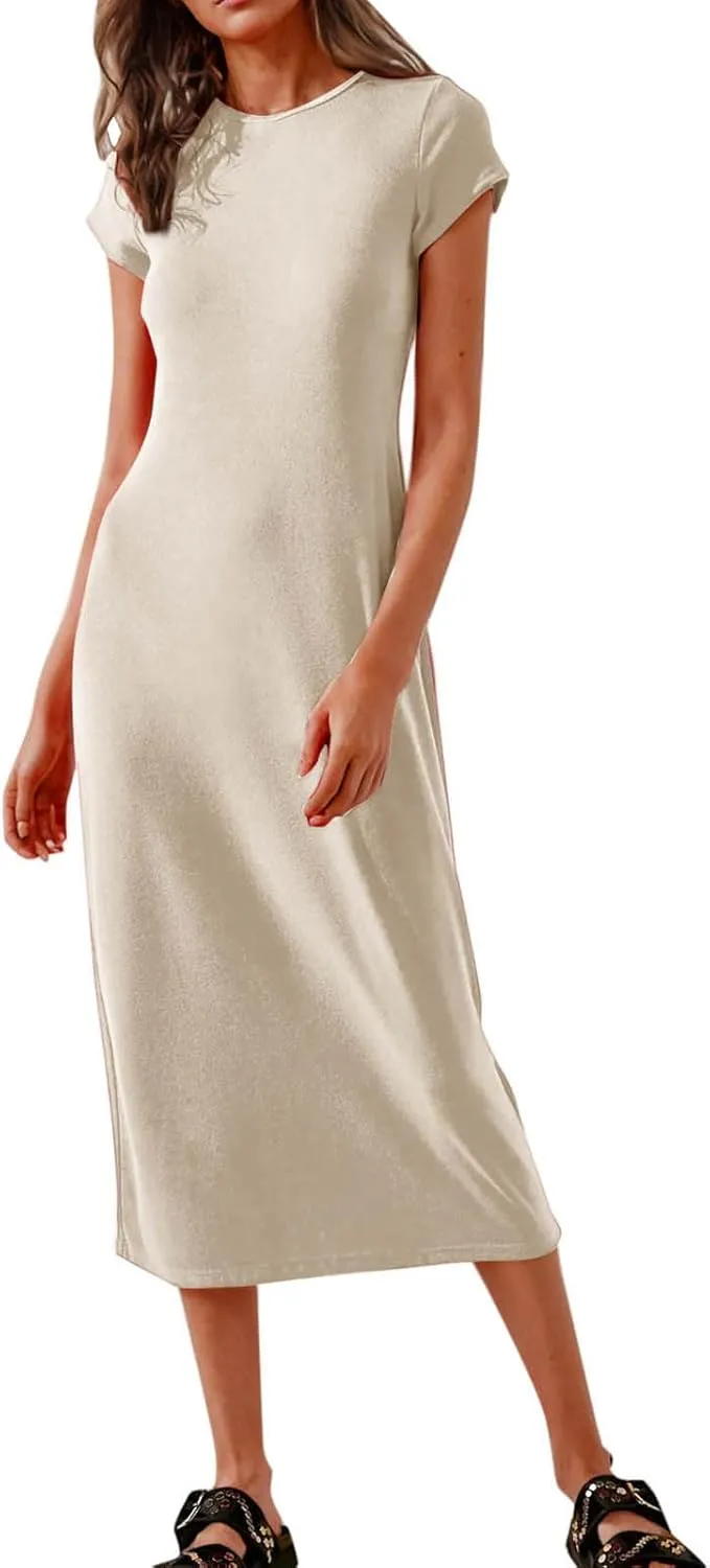 Womens 2025 Summer Tshirt Dresses Casual Short Sleeve Crewneck Beach Sundress Trendy Elegant Slim Base Long Dress