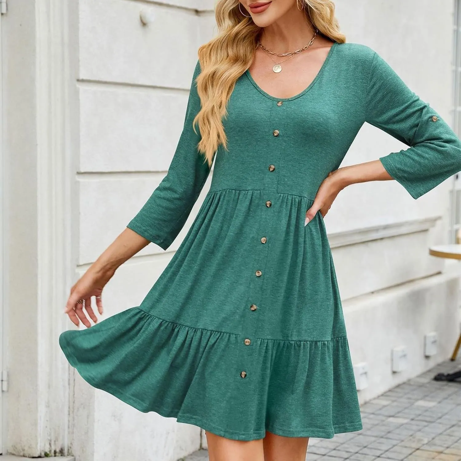 Womens 3/4 Ruffle Sleeve Mini Dress 2025 Spring Swing V Neck Vacation Beach Dresses Cute Babydoll Short Sundress