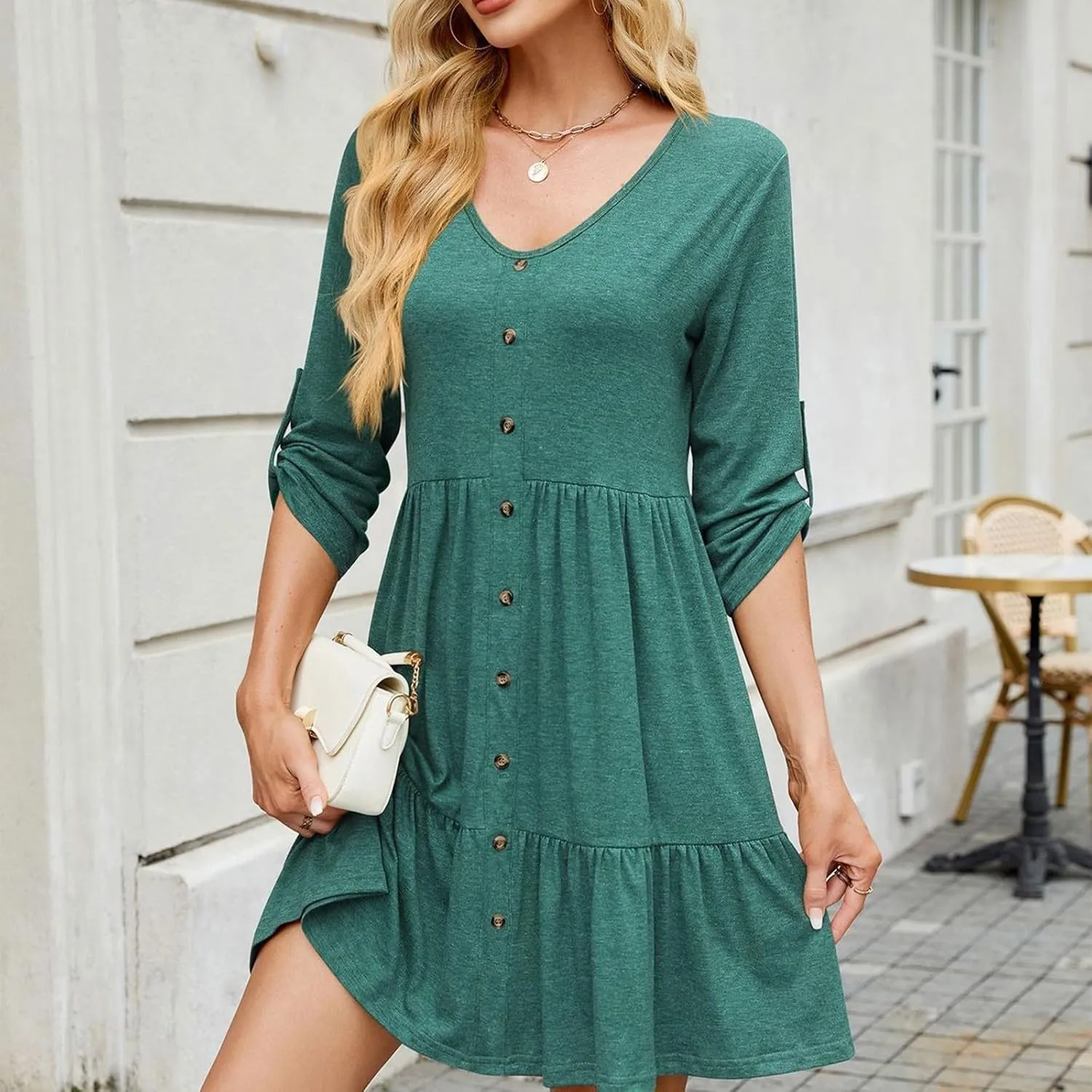 Womens 3/4 Ruffle Sleeve Mini Dress 2025 Spring Swing V Neck Vacation Beach Dresses Cute Babydoll Short Sundress